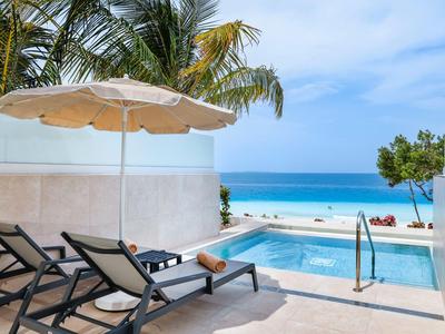 Zona piscina con lettini e ombrellone con vista sul mare e palme sullo sfondo.