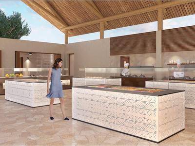 Area buffet moderna aperta con banconi chiari e tetto alto in legno