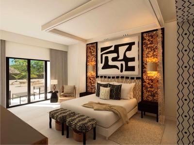 Camera d'hotel moderna con letto matrimoniale, arte murale e accesso a una terrazza.