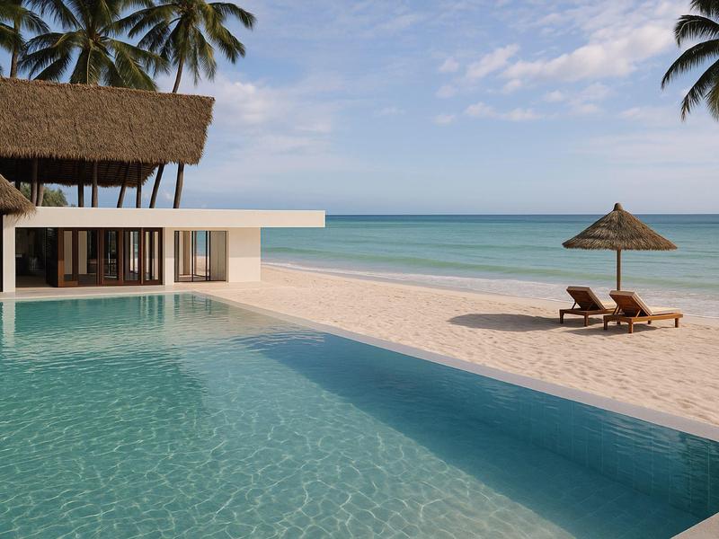 Infinity-Pool und Sandstrand mit Liegestühlen und Palmen bei einem Strandresort.