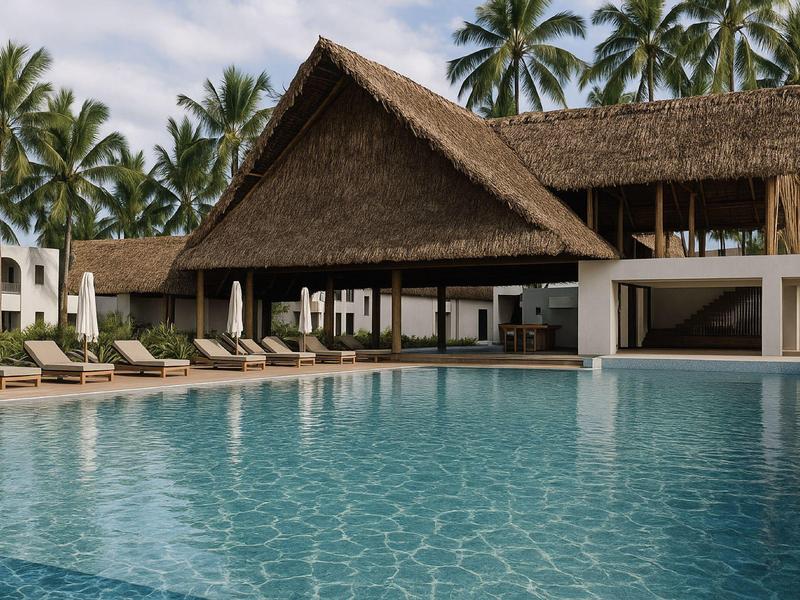 Großer Pool vor einem tropischen Resort mit Strohdach und Palmen.