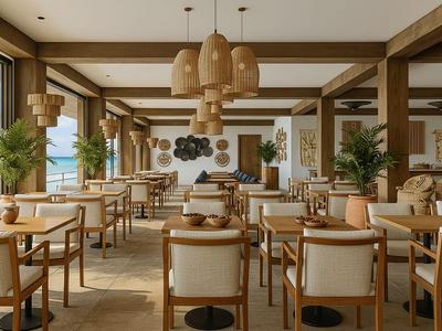 Ristorante luminoso con mobili in legno, piante e grandi finestre con vista sul mare.