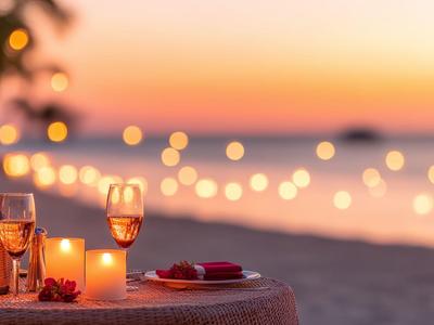 Tavolo serale con candele e bicchieri di vino sulla spiaggia al tramonto.