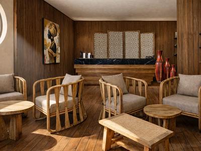 Accogliente area lounge con mobili in legno e toni caldi in un hotel.