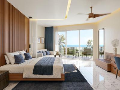 Modernes Hotelzimmer mit Doppelbett, Balkon und Meerblick bei Tageslicht.