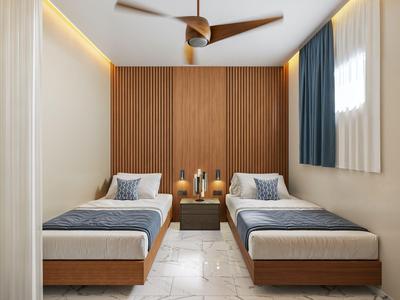 Modernes Hotelzimmer mit zwei Einzelbetten, einem Nachttisch und Deckenventilator