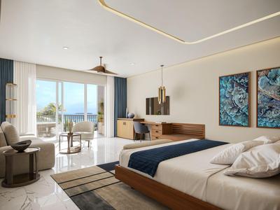 Modernes Hotelzimmer mit Doppelbett, Balkon und Blick auf das Meer.