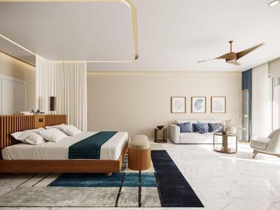 Modernes, helles Schlafzimmer mit Doppelbett, Sitzbereich und großen Fenstern