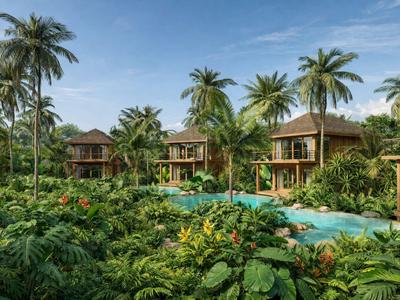 Luxuriöse Häuschen umgeben von üppiger tropischer Vegetation und Palmen mit einem Pool.