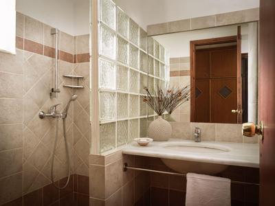 Modernes Badezimmer mit Glasblockwand, Waschbecken und offener Dusche.